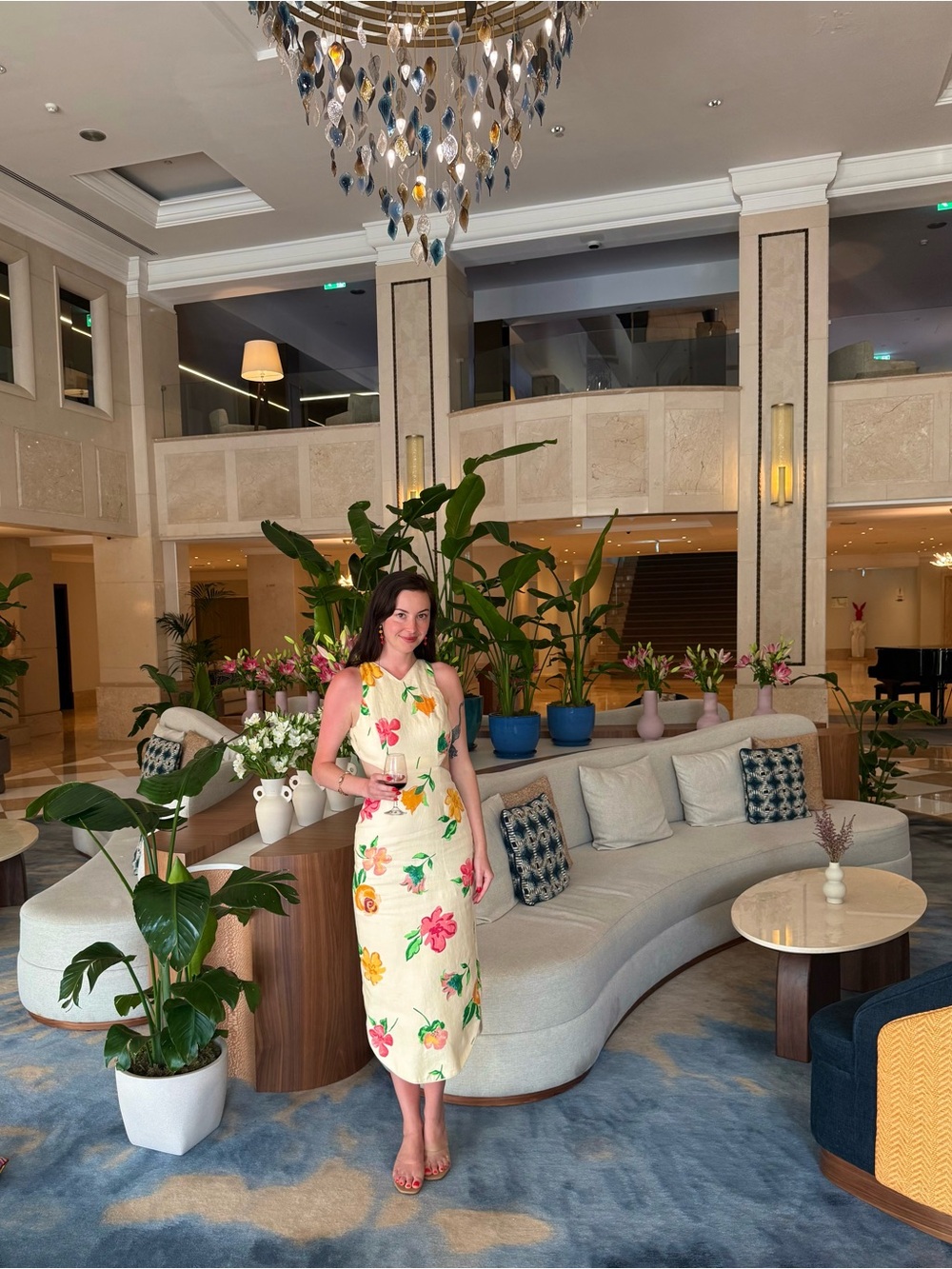 Alemais Floral Midi Dress in Cream with Pink, Yellow & Green Blooms